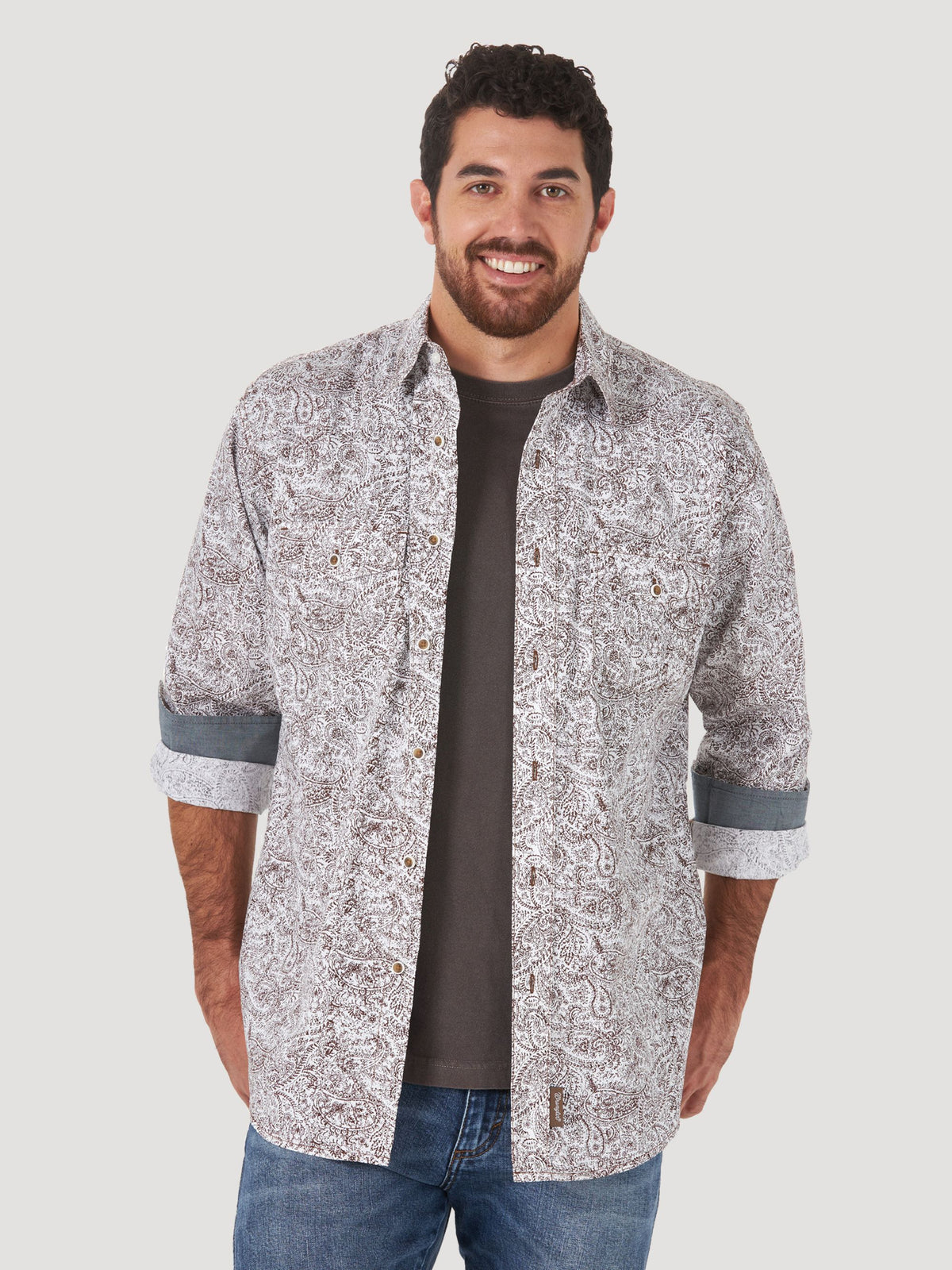 Wrangler Retro Button Down Print Shirt in Brown Paisley