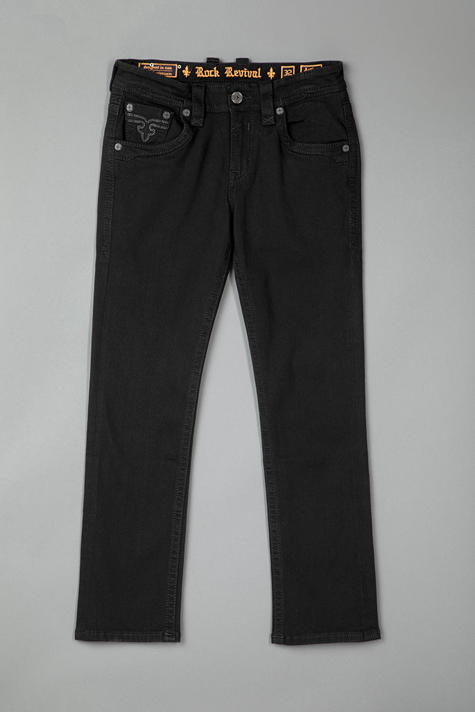 Rock Revival Arther Straight Jeans – Black on Black, flat front view