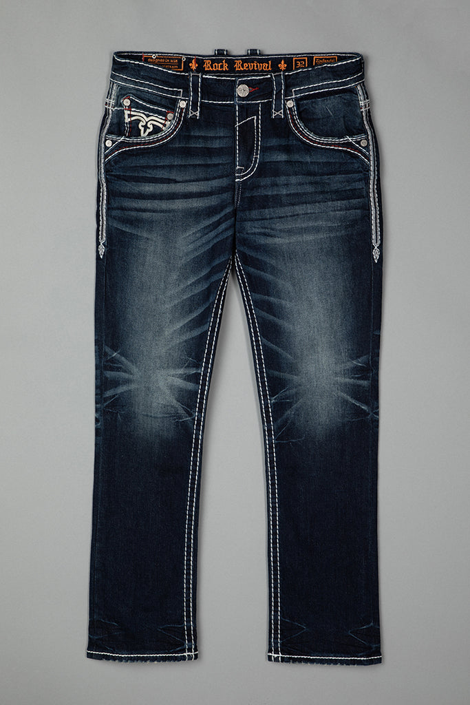 Rock Revival Zinfandel Straight Jeans – Dark Blue, flat front view