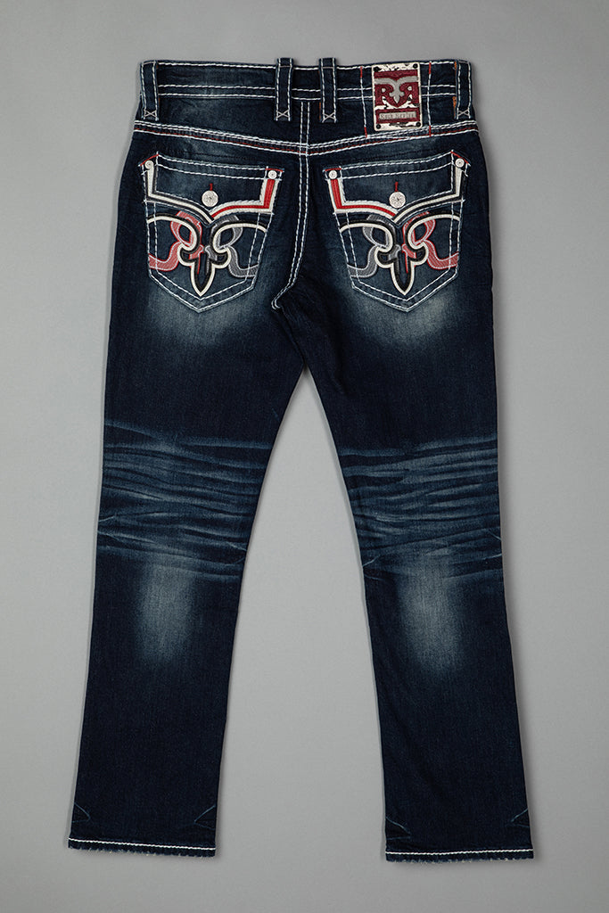 Rock Revival Zinfandel Straight Jeans – Dark Blue, flat back view