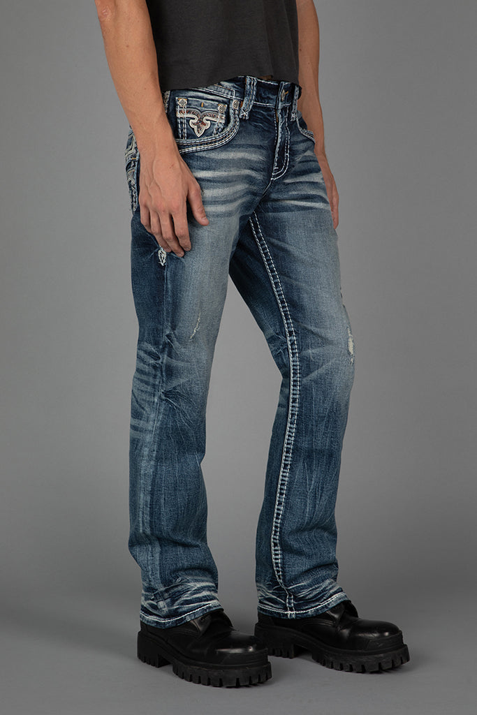 Rock Revival Foliage Bootcut Jeans in medium wash, side view