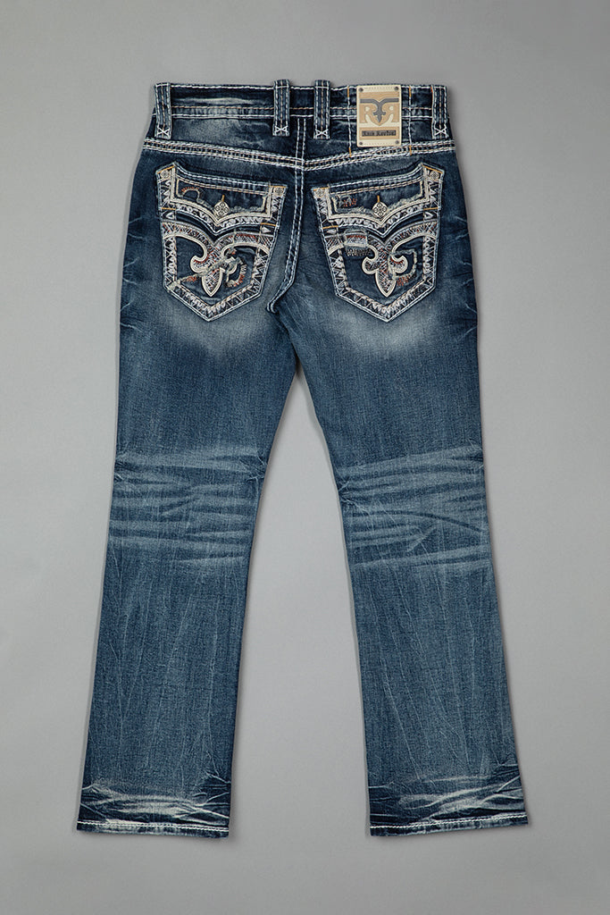 Rock Revival Foliage Bootcut Jeans in medium wash, flat back view