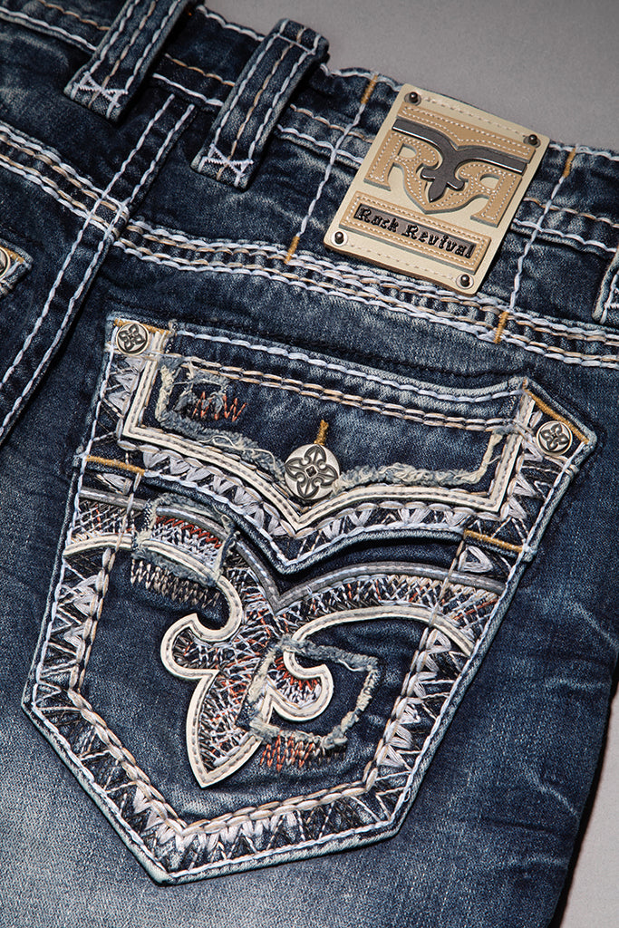 Rock Revival Foliage Bootcut Jeans in medium wash, back pocket close-up