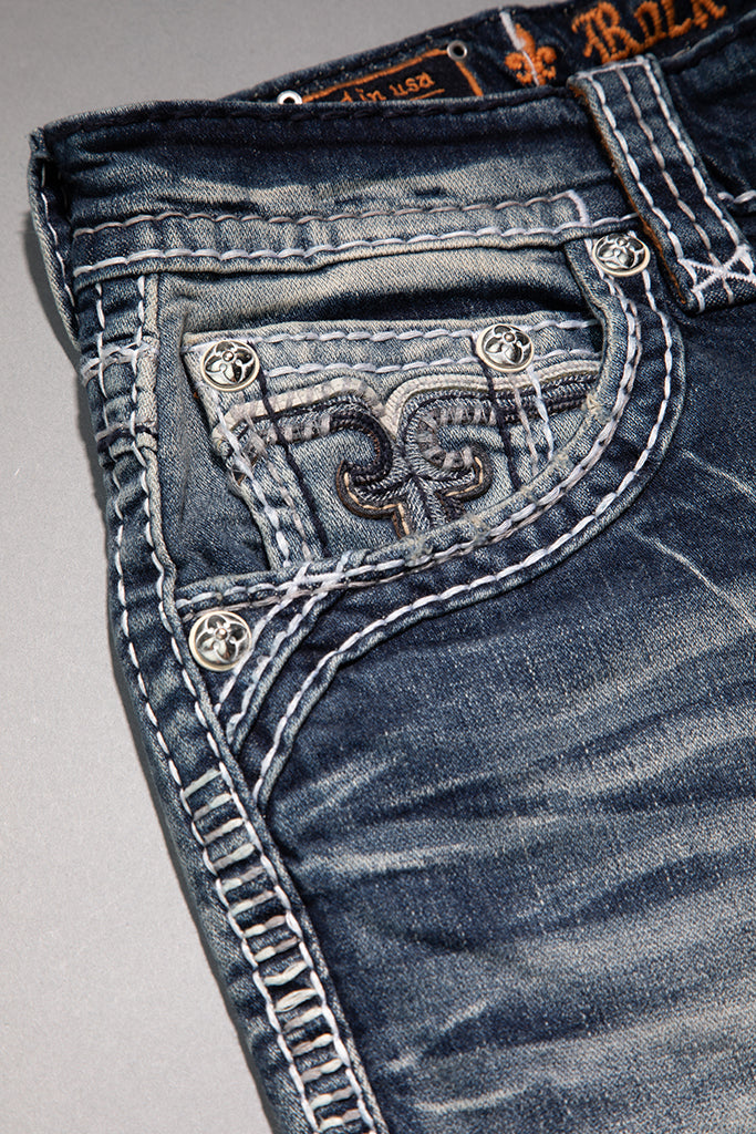 Rock Revival Foliage Bootcut Jeans in medium wash, front pocket close-up