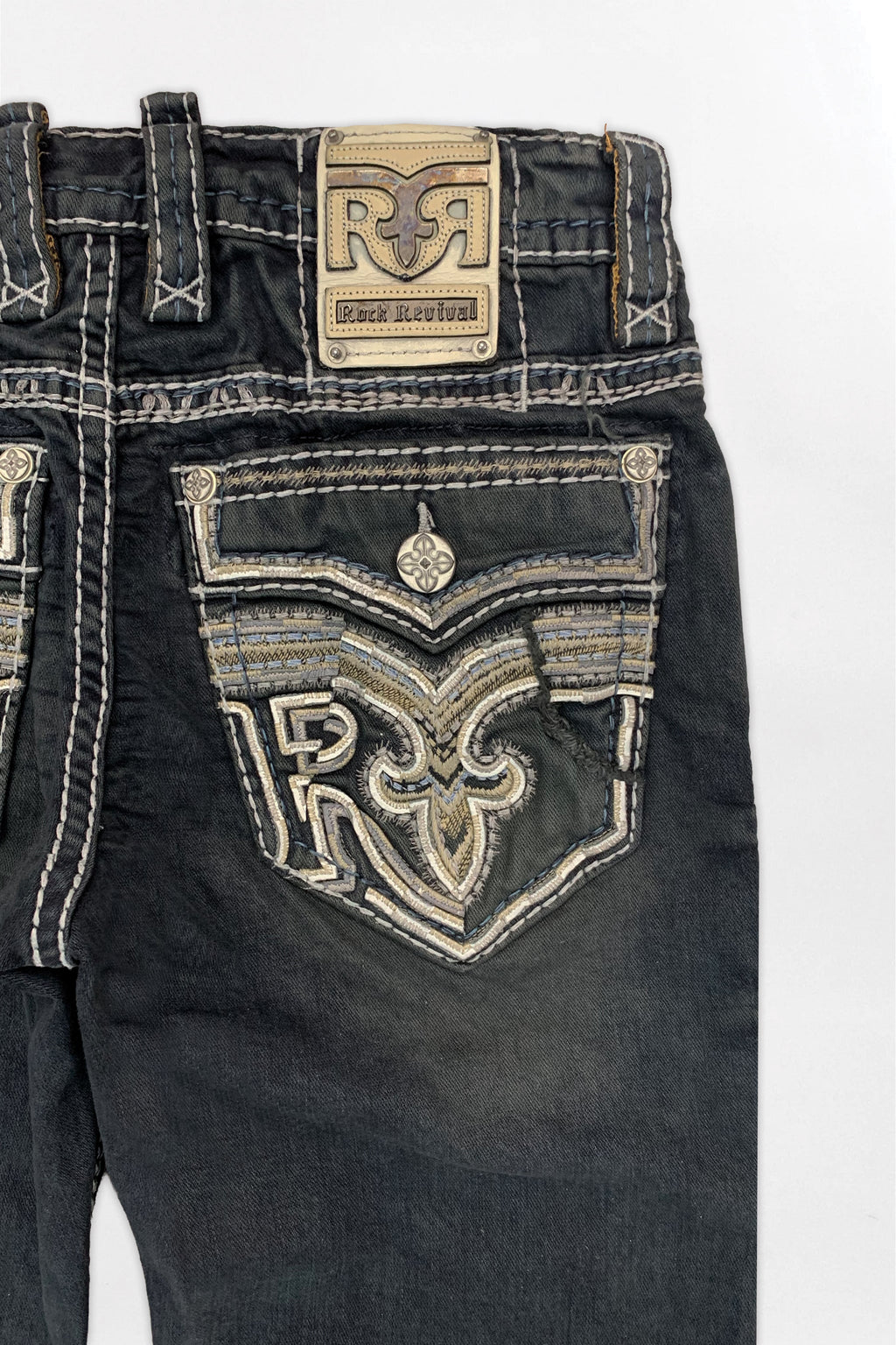 Rock Revival Joe Alt Straight Jeans – Overdyed Charcoal, back pocket