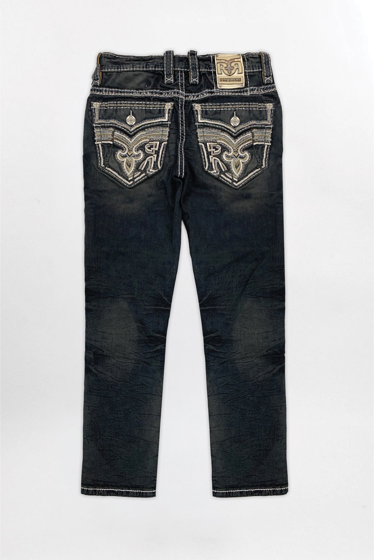 Rock Revival Joe Alt Straight Jeans – Overdyed Charcoal, flat back