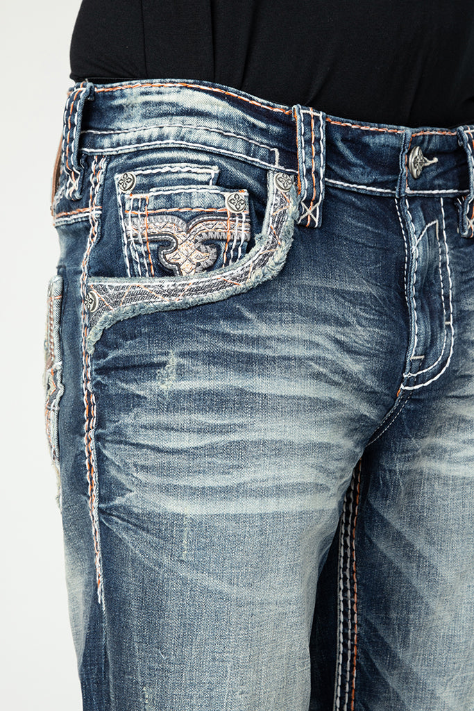 Rock Revival Zaid Bootcut Jeans – Dark Blue, front pocket view
