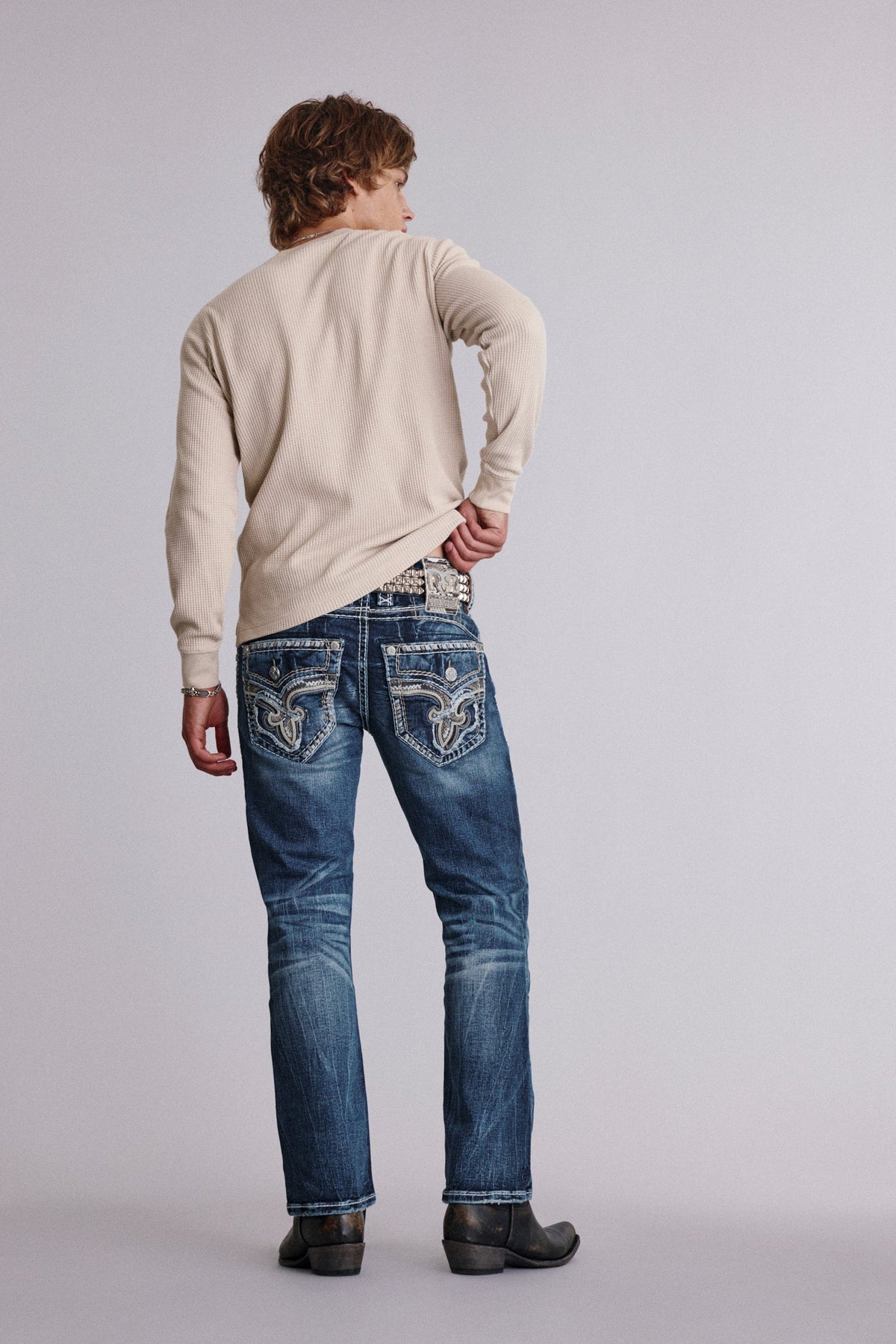 Rock Revival Jadyn Bootcut Jeans in Medium Wash, back view on model