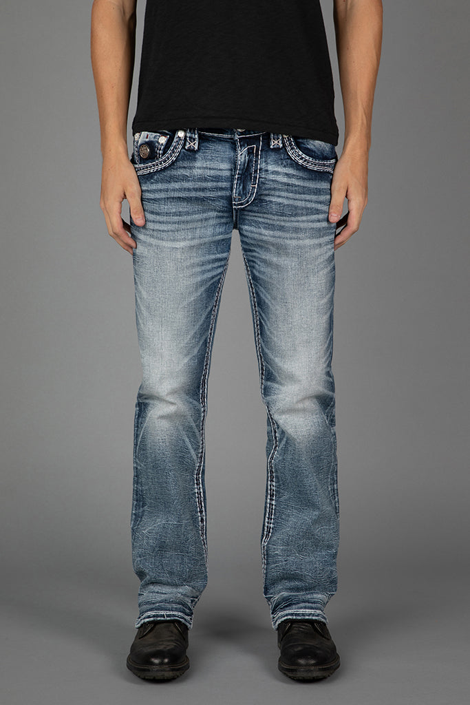 Rock Revival Matteo Bootcut Jeans – Medium Blue, front view