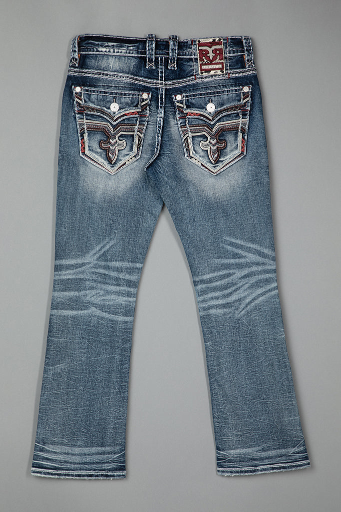 Rock Revival Matteo Bootcut Jeans – Medium Blue, flat back view