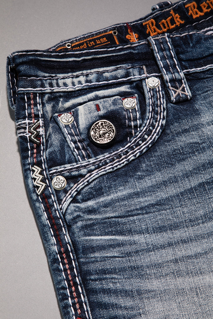 Rock Revival Matteo Bootcut Jeans – Medium Blue, front pocket view