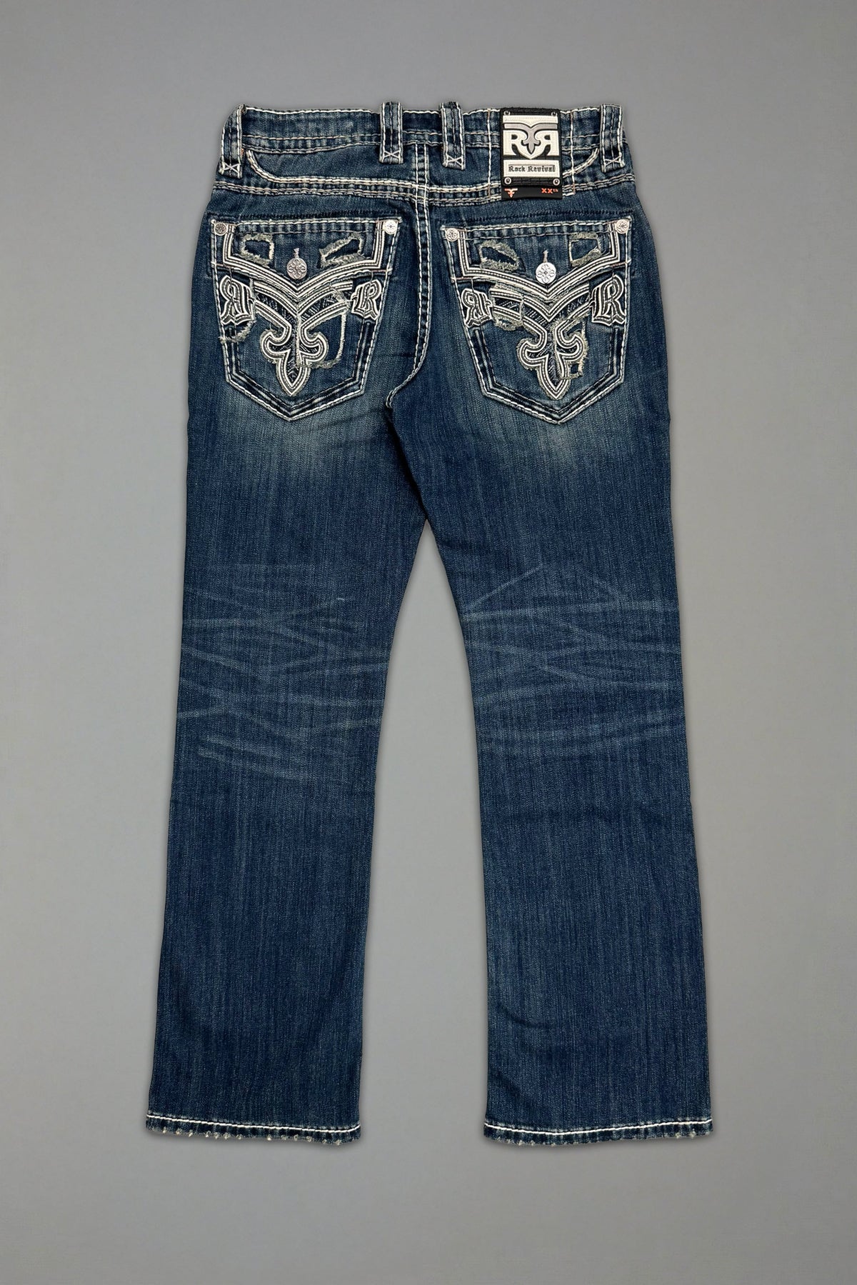 Rock Revival Braylon Bootcut Jeans – Medium Indigo, flat back