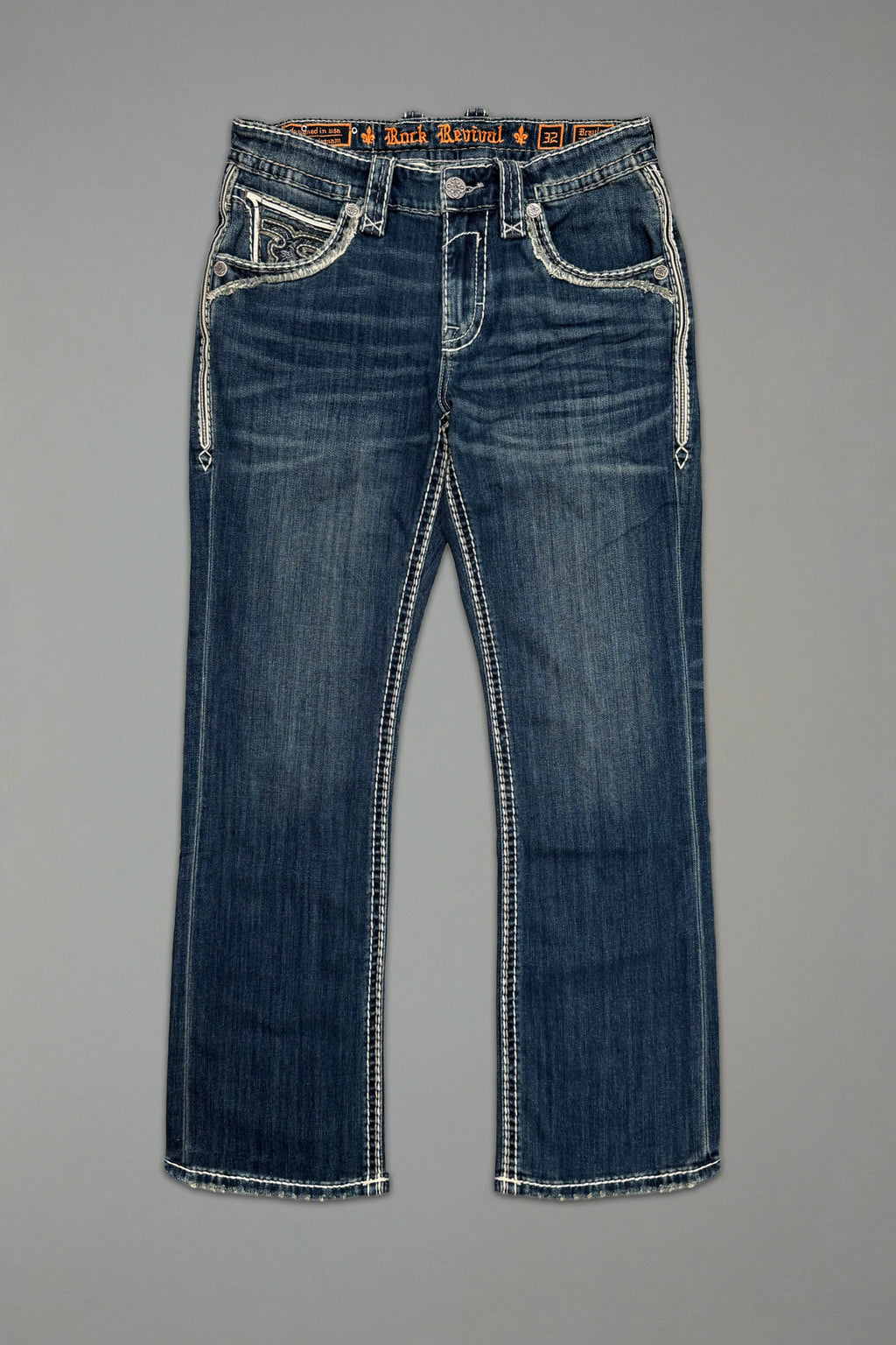 Rock Revival Braylon Bootcut Jeans – Medium Indigo, flat front