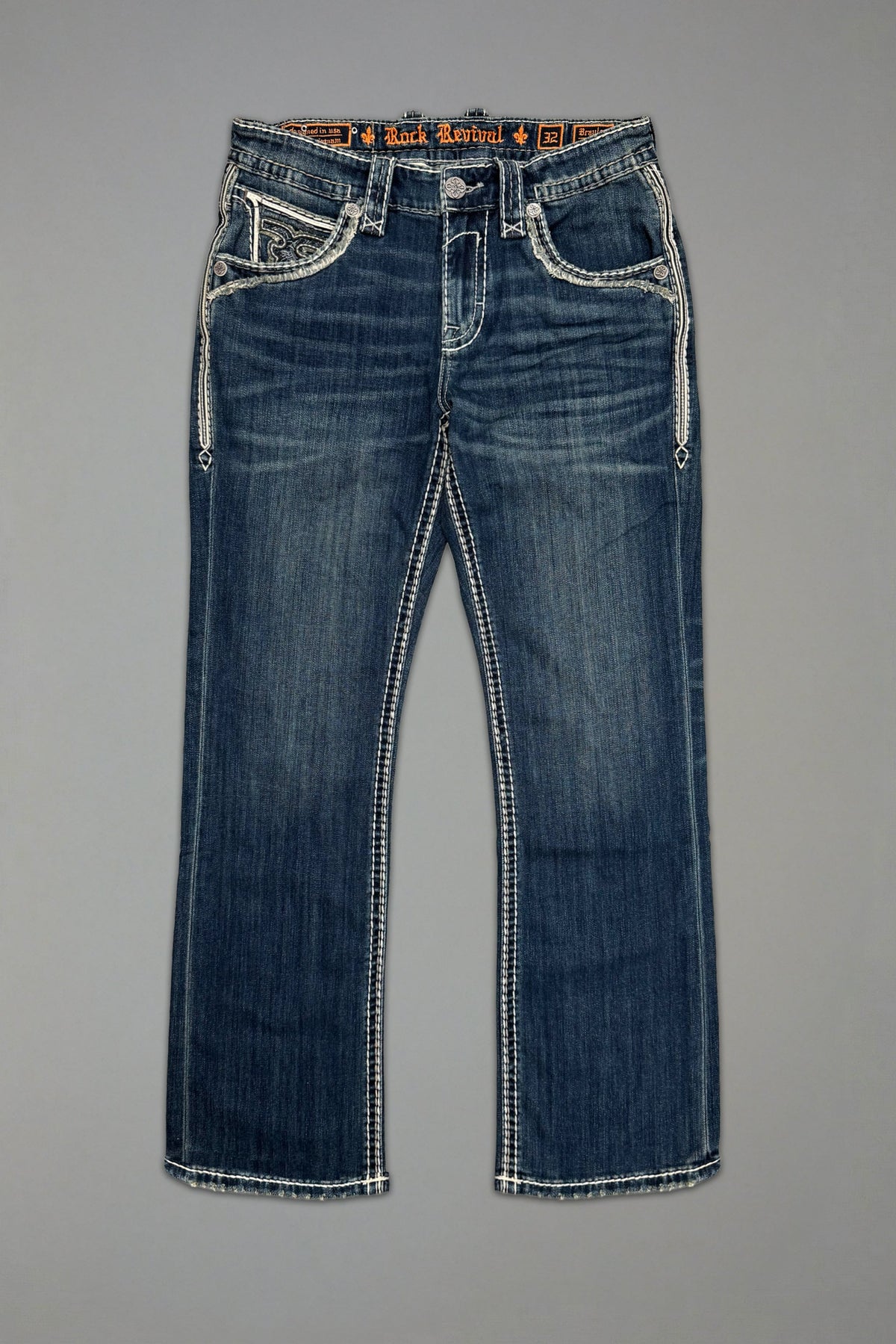 Rock Revival Braylon Bootcut Jeans – Medium Indigo, flat front