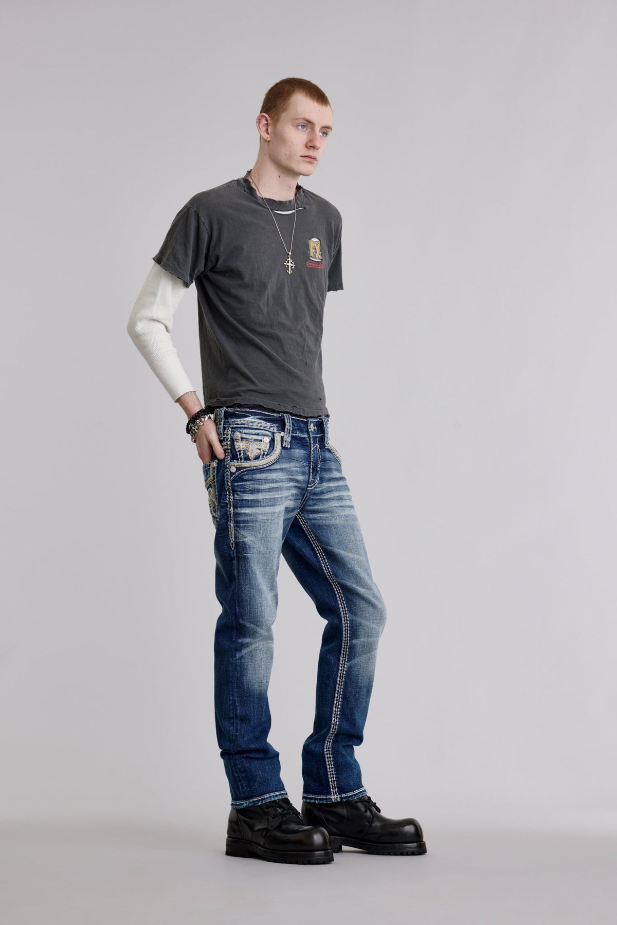 Rock Revival Jerret Straight Jeans in Medium Blue, back view