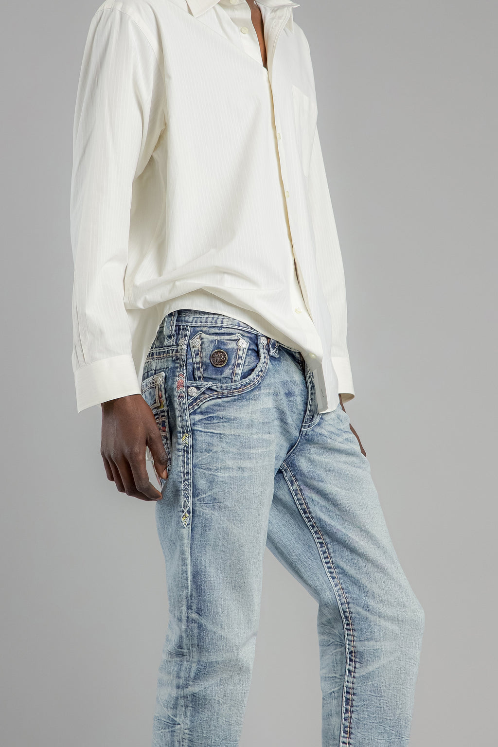 Rock Revival Justice Straight Jeans in Light Blue, back view