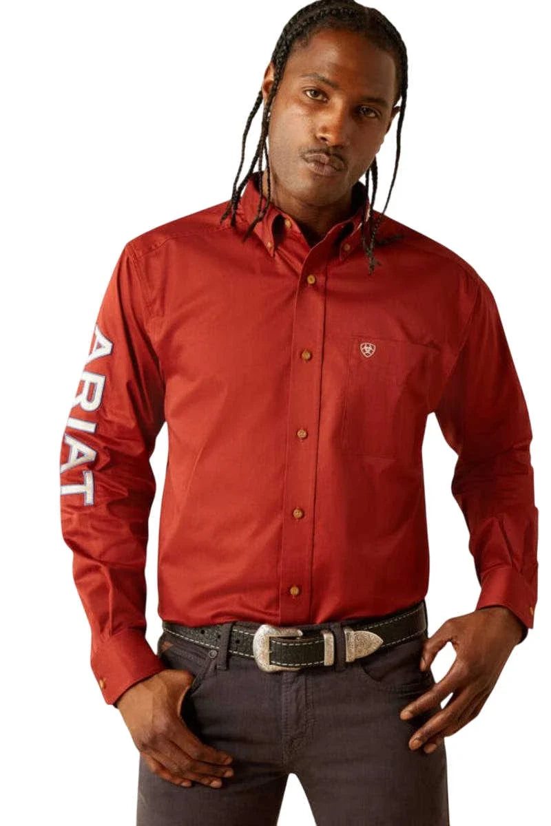 Ariat Team Logo Twill Long Sleeve Classic Fit Shirt – Dark Red/Khaki